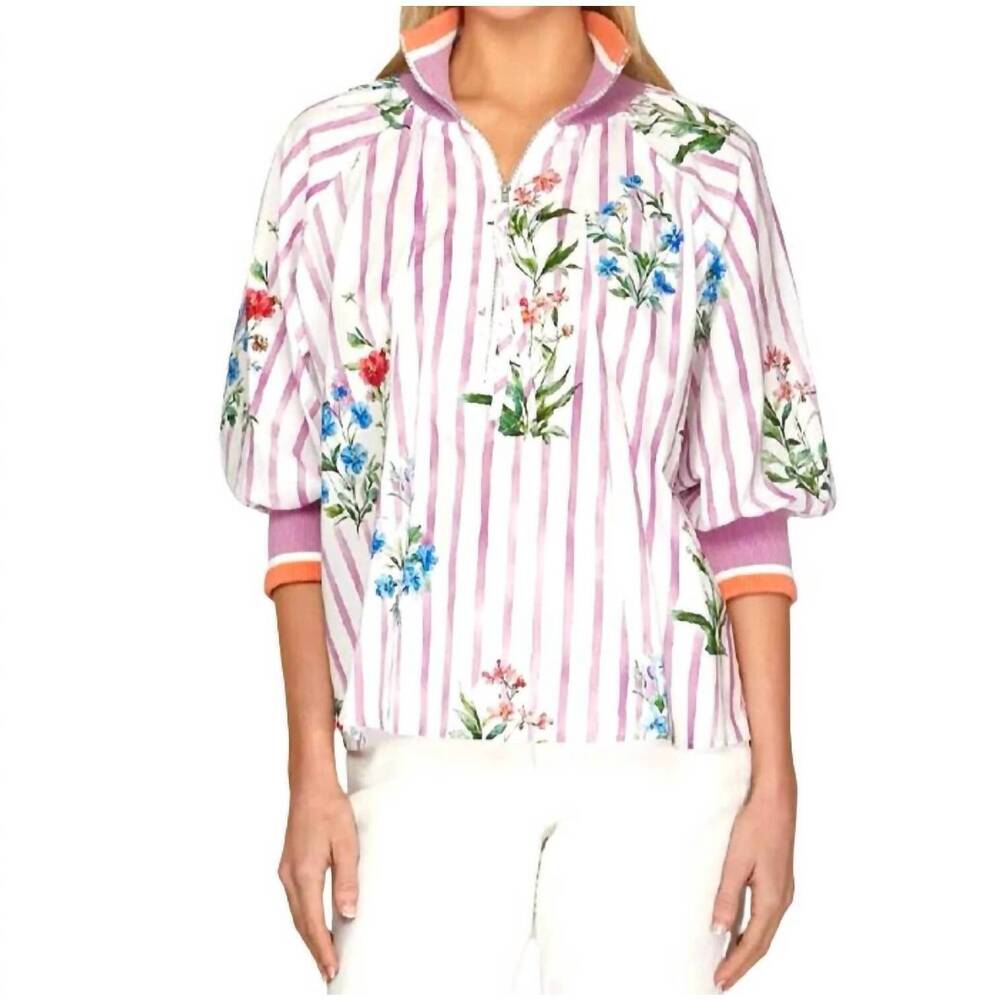 NEW STYLE USA printed half zip top in violet multi